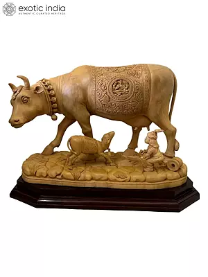 24" Goddess Kamdhenu Cow and Calf with Little Krishna Wood Carving Statue
