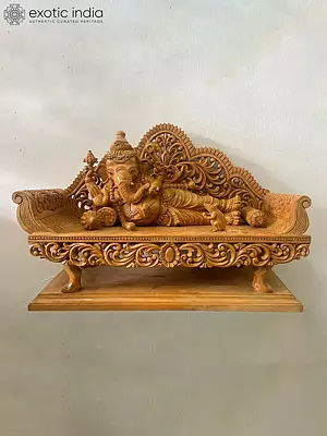 22" Four Armed Recline Lord Ganesha Relaxing on Throne | Wood Carving Sculpture