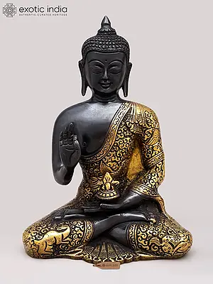 8" Black and Gold Lord Buddha Seated in Vitark Mudra | Brass Statue