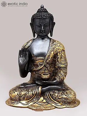 12" Black Gold Sitting Buddha in Vitark Mudra with Carved Robe | Brass Idol