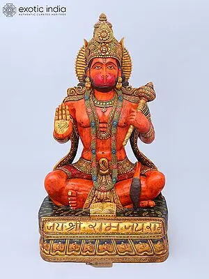 Hand Carved Wooden Hanuman Idol (24") - Blessing Posture