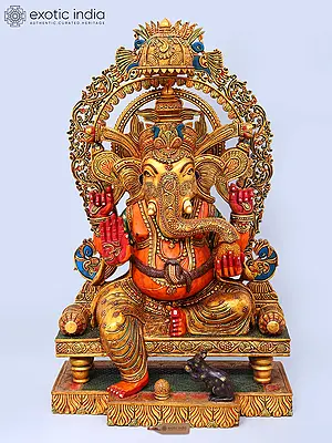 24" Blessing Lord Ganesha Seated on Throne Eating Modak | Hand-Painted Wood Carved Statue