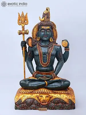 24" Meditating Lord Shiva with Trident | Traditional Wooden Sculpture