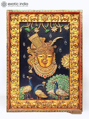 Hand-Painted Shrinathji Wall Art | Large 36 Inch Carved Wood Panel