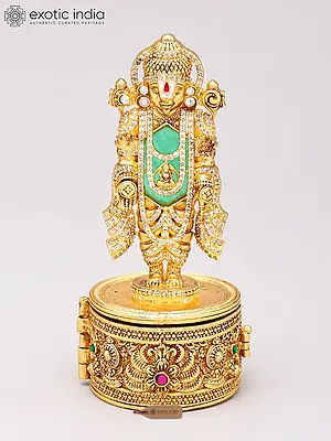 Brass Sindoor Box with Tirupati Balaji (Venkateshvara) and Stone Embellishments (4 Inch)