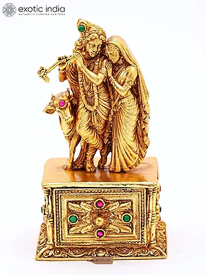 Brass Radha Krishna with Cow Figurine & Kumkum Box