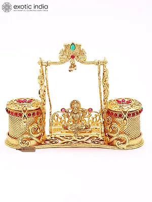 Goddess Lakshmi on Swing | Ornate Brass Kumkum Holder