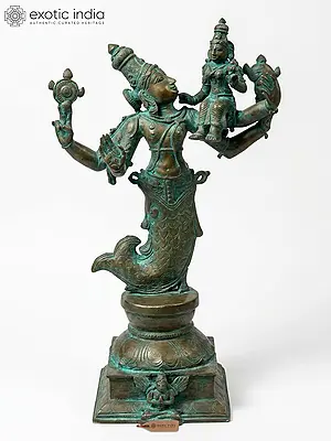18" Matsya Avatara of Lord Vishnu with Devi Lakshmi Bronze Statue