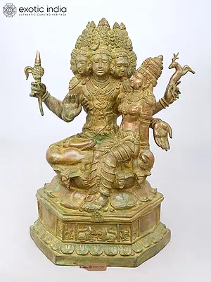24" Lord Sadashiva (Five-Faced Shiva) with Goddess Parvati | Brass Statue