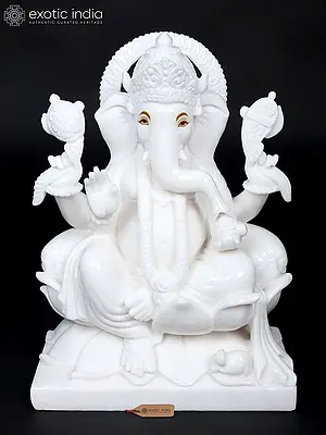 18" Blessing Lord Ganesha Seated on Lotus White Marble Statue