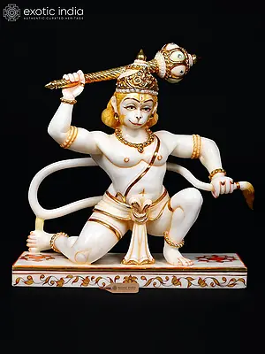 16" Lord Hanuman in Dynamic Pose | White Marble Statue