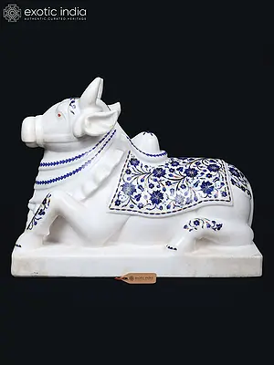 18" White Marble Nandi (Vahana of Lord Shiva) with Gemstone Floral Inlay