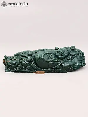 14" Reclining Laughing Buddha Statue | Green Jade Gemstone