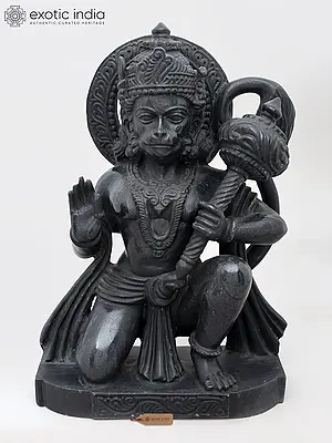 18" Lord Hanuman Seated in Blessing Pose | Black Marble Statue