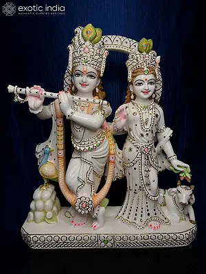 24" Radha Krishna (Jugal Jodi) Marble Sculpture with Holy Cow and Peacock