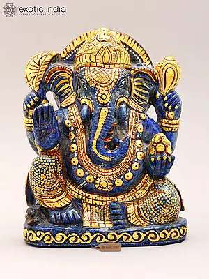 4" Small Lapis Lazuli Ganesha Statue in Blessing Pose with Golden Shringar