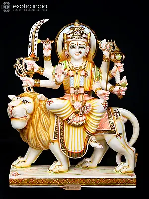 18" Goddess Durga (Sherawali Maa) | White Marble Statue