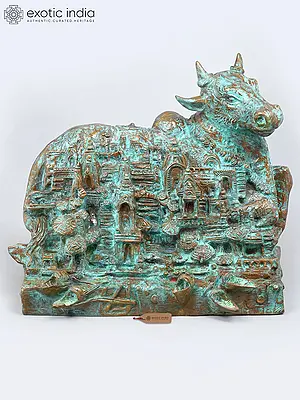 24" Brass Nandi Statue with Intricate Banaras Ghat Carvings