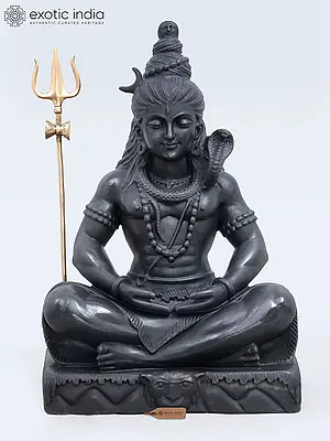 24" Meditating Lord Shiva | Black Marble Statue with Brass Trishul