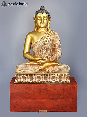 48" Large Meditating Buddha with Wooden Pedestal | Marble Statue