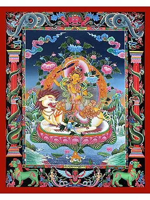 Superfine Tibetan Buddhist Deity Manjushri Seated on Lion - Brocadeless Thangka in Newari Style