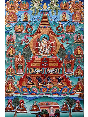Tibetan Buddhist Vijaya Stupa: For Long Life of The Patron (Brocadeless Thangka)