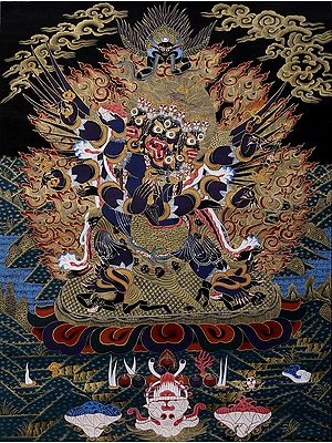 Six-Armed Winged Vajrakumara (Vajrakila) in Yab Yum -Tibetan Buddhist Brocadeless Thangka