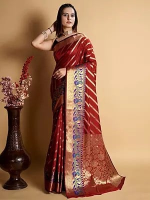 Broad Border All Over Striped Pattern Attractive Pure Silk Saree With Floral Pallu