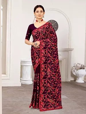 All Over Heavy Floral Embroidery Work Festive Wear Georgette Saree