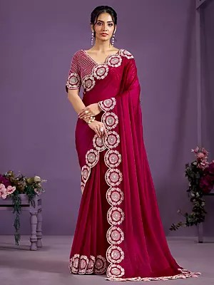 Satin Silk Purple-Red Sequins With Moti Work Designer Border Party Wear Saree With Tassels Pallu