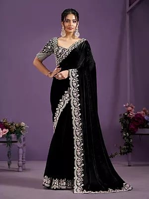 Black Two Tone Satin Silk Sequins With Handwork Embellished Border Party Wear Saree