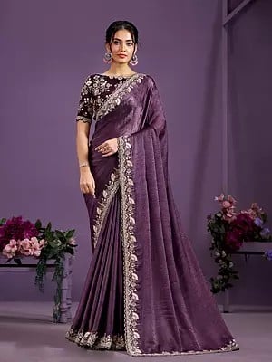 Dark-Byzantium Crepe Satin Silk Sequins With Diamond Work Embellished Border Party Wear Saree