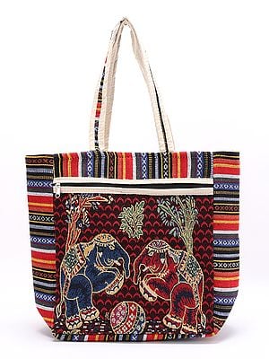 Multicolor Elephant Woven Tote Bag from Kutch with Front Zipper