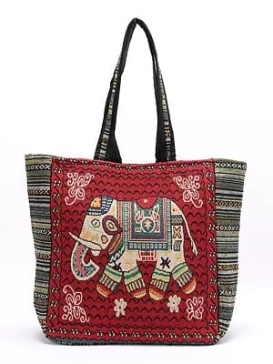 Elephant Motif Tote Bag from Kutch with Zipper Closure