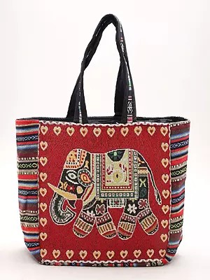 Elephant Motif Tote Bag from Kutch with Zipper Closure