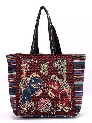 Cotton Zipper Closure Tote Bag with Pair of Elephant Motifs from Kutch