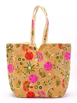 Kutch Shoulder Bag with Chain Stitch Embroidered Flower and Paisley