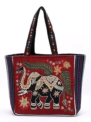 Elephant Tote Bag from Kutch with Zipper Closure