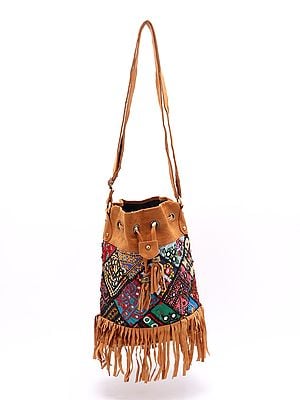 Banjara Style Side Shoulder Bag with Drawstring Closure and Embroidered Patch-work & Mirrors