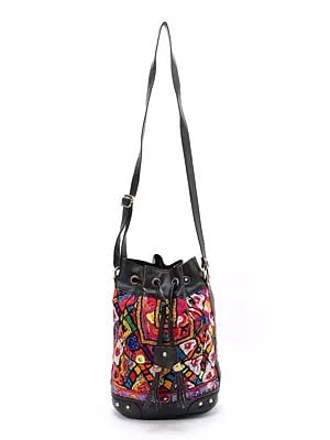 Multicolor Bucket Shaped Sling Bag with Embroidered Patch work and Mirrors