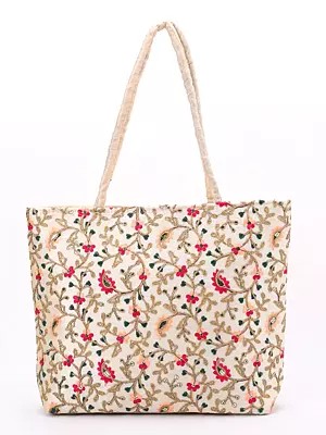 Shoulder Tote Bag with Floral Embroidery