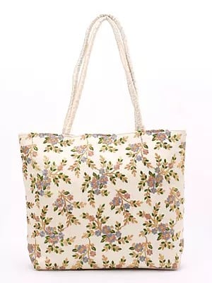 Shoulder Tote Bag with Floral Embroidery