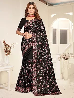 Tussar Silk Heavy Multi Embroidery Work Floral Designer Party Wear Saree