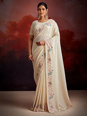 Fancy Thread Sequins And Zarkan Work Georgette Saree With Matching Blouse