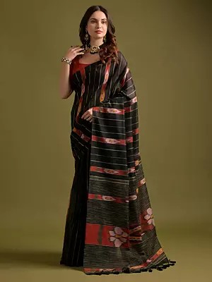 Soft Ikat Cotton Printed All Over Striped Pattern Saree With Tassels Pallu