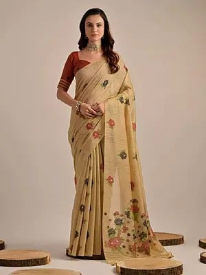 Beautiful Flower Thread Woven Design Muga Cotton Saree For Casual Occasion