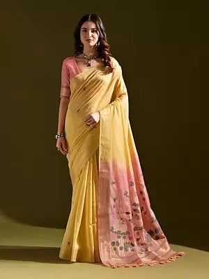 Designer Butti Weaves Casual Wear Muga Cotton Saree With Cow And Flower Motifs Attractive Tassels Pallu