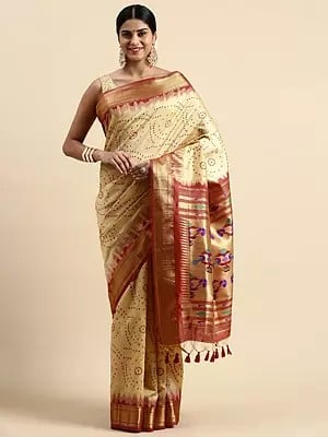 Zari Woven Pallu With All Over Bandhani Design Paithani Silk Saree With Peacock Motifs Pallu