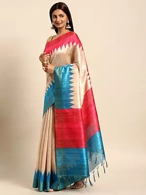 Temple Broad Border Solid Design Tussar Silk Saree With Striped Pattern Tassels Pallu