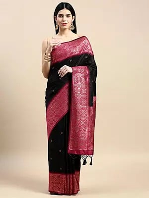 Contrast Zari Woven And Wide Border Banarasi Silk Festive Wear Saree